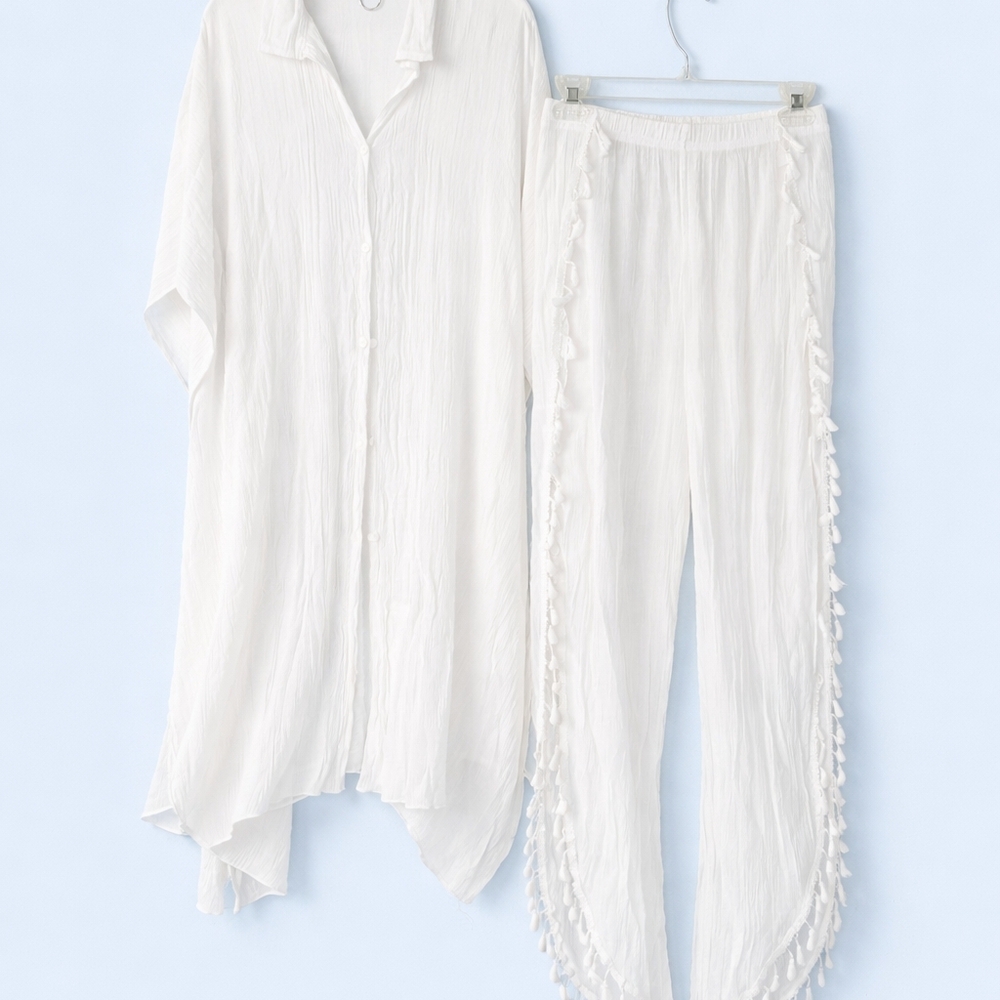 2 Pc White Gauzy Women's Kimono OSFM and Fringy Pants Lg Beachy Coastal Coverup